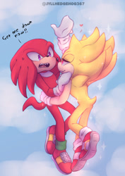 Size: 905x1280 | Tagged: safe, artist:jyllhedgehog367, knuckles the echidna, sonic the hedgehog, super sonic, echidna, hedgehog, 2022, abstract background, blushing, carrying them, clouds, cross popping vein, dialogue, duo, english text, flying, gay, heart, holding each other, knuxonic, lidded eyes, looking at each other, male, males only, mid-air, shipping, sparkles, super form