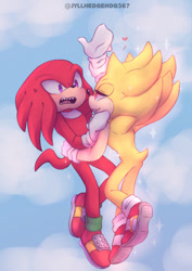 Size: 905x1280 | Tagged: safe, artist:jyllhedgehog367, knuckles the echidna, sonic the hedgehog, super sonic, echidna, hedgehog, 2022, abstract background, alternate version, blushing, carrying them, clouds, cross popping vein, duo, flying, gay, heart, holding each other, knuxonic, lidded eyes, looking at each other, male, males only, mid-air, shipping, sparkles, super form