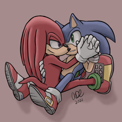 Size: 1280x1280 | Tagged: safe, artist:dwownsthenight, knuckles the echidna, sonic the hedgehog, echidna, hedgehog, 2021, clenched teeth, duo, gay, holding each other, holding hands, knuxonic, lidded eyes, looking at them, male, males only, shadow (lighting), shipping, signature, simple background, sitting, sitting on them