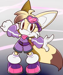 Size: 1174x1391 | Tagged: safe, artist:lulu, oc, oc:lily the fennec, 2021, bandana, belt, child, clothes, eyelashes, female, fennec, gloves, goggles, goggles on head, heart, looking at viewer, oc only, red eyes, shoes, smile, solo, standing