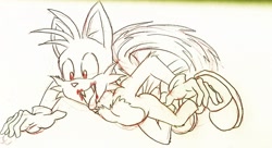 Size: 1280x696 | Tagged: semi-grimdark, artist:rickanovas, miles "tails" prower, fox, 2010, blood, blood stain, fangs, flying, looking down, male, mouth open, red eyes, spinning tails, tongue out, traditional media, vampire