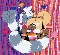 Size: 1280x1170 | Tagged: safe, artist:scmalletgirl, tangle the lemur, whisper the wolf, lemur, wolf, 2022, abstract background, bisexual, bisexual pride, bow, crop top, duo, female, females only, flag, flat colors, flower, heart, holding something, hugging, lesbian, lesbian pride, pride, pride flag, shipping, smile, sparkles, standing, tail hold, tangle x whisper, wrapped in tail