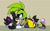 Size: 1280x800 | Tagged: safe, artist:chenellemonsterhyena, surge the tenrec, oc, hyena, tenrec, 2021, abstract background, canon x oc, duo, female, females only, indoors, lesbian, pinning them, shipping, signature, smile, unnamed oc, yellow sclera
