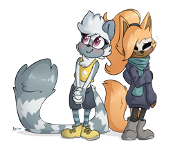 Size: 3800x3200 | Tagged: safe, artist:temakixai, tangle the lemur, whisper the wolf, lemur, wolf, 2021, alternate outfit, blushing, boots, crop top, crush, cute, duo, hands together, lesbian, scarf, shipping, shorts, signature, simple background, smile, standing, sweater, tangabetes, tangle x whisper, transparent background
