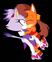 Size: 1084x1280 | Tagged: safe, artist:sergeant16bit, blaze the cat, tiara boobowski, cat, 2018, black background, blushing, butt, butt grab, commission, duo, eyes closed, female, females only, holding each other, kiss, lesbian, shipping, simple background, standing, surprised, tiaraze