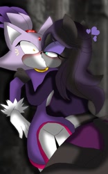 Size: 797x1280 | Tagged: safe, artist:darkmythiccat, blaze the cat, oc, cat, 2016, abstract background, blushing, canon x oc, duo, female, females only, hand on shoulder, heart, kiss, lesbian, lidded eyes, looking at them, saliva, shipping, shrunken pupils, standing, surprised, unnamed oc