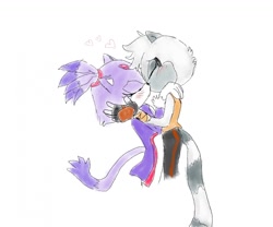 Size: 1280x1067 | Tagged: safe, artist:yumamaine, blaze the cat, tangle the lemur, cat, lemur, 2019, blushing, duo, eyes closed, female, females only, heart, holding each other, holding them, kiss, lesbian, shipping, simple background, standing, tanglaze, white background