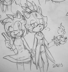 Size: 1240x1305 | Tagged: safe, artist:saucynadles, amy rose, blaze the cat, cat, hedgehog, 2015, amy x blaze, amy's halterneck dress, blaze's tailcoat, cute, female, females only, flame, holding hands, lesbian, shipping, sketch, traditional media