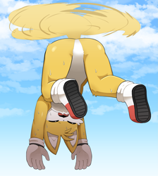 Size: 1743x1943 | Tagged: safe, artist:sum, miles "tails" prower, fox, abstract background, clouds, eyes closed, featureless crotch, flying, male, mouth open, outline, solo, spinning tails, sweat, sweatdrop, upside down