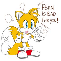 Size: 500x500 | Tagged: safe, artist:nenikat, miles "tails" prower, fox, dialogue, english text, hand on hip, leaning forward, male, mouth open, pointing, simple background, solo, standing, white background