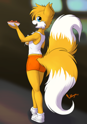 Size: 2000x2857 | Tagged: safe, artist:punkpega, miles "tails" prower, fox, abstract background, bowl, chicken wings, drink, fluffy, holding something, hooters outfit, looking back, looking back at viewer, male, mouth open, signature, smile, solo