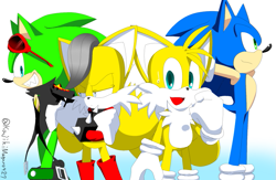 Size: 769x500 | Tagged: safe, artist:カルキ, miles "tails" prower, miles (anti-mobius), scourge the hedgehog, sonic the hedgehog, fox, hedgehog, frown, gradient background, group, male, males only, self paradox, signature, smile, standing