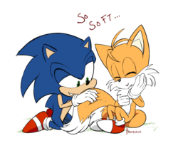 Size: 1000x833 | Tagged: safe, artist:bikomation, miles "tails" prower, sonic the hedgehog, fox, hedgehog, animated, blushing, dialogue, duo, english text, fluffy, male, males only, signature, simple background, sitting, smile, stroking, white background