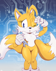 Size: 1008x1280 | Tagged: safe, artist:bigdon1992, miles "tails" prower, fox, 2021, :o, abstract background, aged up, breasts, eyelashes, female, gender swap, holding something, looking offscreen, mouth open, one eye closed, outline, solo, standing, wrench