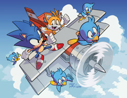 Size: 800x618 | Tagged: safe, artist:tracy yardley, flicky, miles "tails" prower, sonic the hedgehog, fox, hedgehog, abstract background, ambiguous gender, clouds, flying, group, male, official artwork, outdoors, signature, smile, tornado i