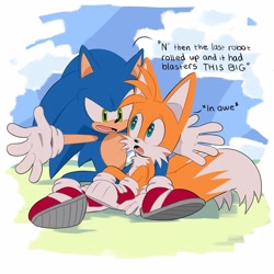 Size: 2835x2835 | Tagged: safe, artist:stars_kii, miles "tails" prower, sonic the hedgehog, abstract background, arms out, daytime, dialogue, duo, english text, looking at each other, outdoors, sitting, starry eyes