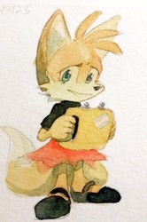 Size: 1360x2048 | Tagged: safe, artist:studioboner, miles "tails" prower, fox, female, holding something, looking at viewer, miles electric, shirt, skirt, smile, solo, standing, traditional media, trans female, transgender, watercolor