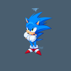 Size: 2048x2048 | Tagged: safe, artist:renard-dartigue, sonic the hedgehog, hedgehog, arms folded, blue background, blushing, male, pout, signature, simple background, solo, standing