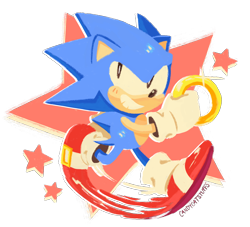 Size: 2048x1859 | Tagged: safe, artist:candycatstuffs, sonic the hedgehog, hedgehog, classic sonic, holding something, looking up, male, ring, semi-transparent background, signature, smile, solo, star (symbol), walking