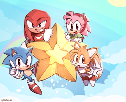 Size: 1899x1536 | Tagged: safe, artist:peachmangopie323, amy rose, knuckles the echidna, miles "tails" prower, sonic the hedgehog, echidna, fox, hedgehog, sonic superstars, abstract background, classic amy, classic knuckles, classic sonic, classic tails, clouds, female, flying, group, holding something, looking at viewer, male, rainbow, signature, spinning tails, star (symbol)