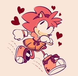 Size: 2048x2009 | Tagged: safe, artist:sonicmoment, amy rose, hedgehog, amybetes, beige background, classic amy, cute, female, heart, looking up, running, simple background, smile, solo