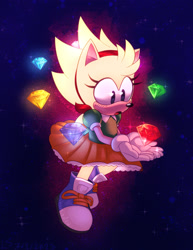 Size: 2048x2650 | Tagged: safe, artist:hooxiedev, amy rose, hedgehog, :o, abstract background, chaos emerald, classic amy, female, flying, holding something, looking at something, mouth open, outer space, solo, space, sparkles, star (sky), super amy, super form