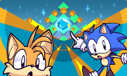 Size: 2048x1223 | Tagged: safe, artist:silviagoesnuts, miles "tails" prower, sonic the hedgehog, fox, sonic the hedgehog 2, :o, abstract background, chaos emerald, classic sonic, classic tails, looking at viewer, male, males only, mouth open, pointing, sparkles, special stage, standing