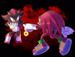 Size: 2048x1573 | Tagged: safe, artist:ryan rudnick, knuckles the echidna, shadow the hedgehog, alternate version, fight