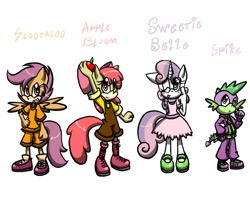 Size: 1000x800 | Tagged: safe, artist:hoshinokokaishi, apple, apple bloom, character name, child, clothes, cutie mark crusaders, dragon, earth pony, female, group, holding something, male, mobianified, my little pony, pegasus, pony, scootaloo, simple background, smile, spike (mlp), standing, sweetie belle, unicorn, white background