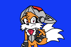 Size: 1125x744 | Tagged: safe, artist:13comicfan, miles "tails" prower, fox, sonic forces, 2023, alternate universe, blue background, flat colors, frown, hand on hip, infinite tails, infinite's mask, looking at viewer, male, phantom ruby, red eyes, simple background, solo, standing