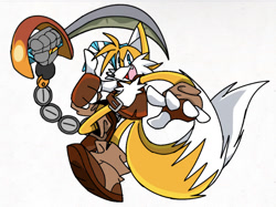 Size: 750x560 | Tagged: safe, artist:calebartboy15, miles "tails" prower, sails, fox, sonic prime, 2023, clothes, looking at viewer, male, mouth open, one fang, pointing, simple background, smile, solo, sword, white background