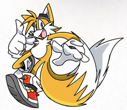 Size: 750x651 | Tagged: safe, artist:calebartboy15, miles "tails" prower, fox, 2023, alternate version, goggles, looking at viewer, male, mouth open, one fang, pointing, simple background, smile, solo, sonic riders, white background