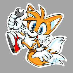 Size: 1200x1200 | Tagged: safe, artist:pkrockinon, miles "tails" prower, fox, 2023, grey background, holding something, looking at viewer, male, outline, signature, simple background, smile, solo, sticker, uekawa style, wrench