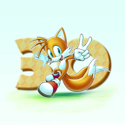Size: 1280x1280 | Tagged: safe, artist:crabbin, miles "tails" prower, fox, 2022, 30th anniversary, abstract background, anniversary, looking at viewer, male, mid-air, mouth open, outline, smile, solo, v sign