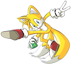 Size: 876x795 | Tagged: safe, artist:genesishero, miles "tails" prower, fox, 2023, chaos emerald, holding something, looking at viewer, modern tails, mouth open, one fang, posing, simple background, smile, solo, v sign, white background