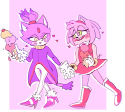 Size: 540x481 | Tagged: safe, artist:remicilline, amy rose, blaze the cat, cat, hedgehog, 2019, amy x blaze, amy's halterneck dress, blaze's tailcoat, blushing, cute, date, female, females only, hearts, holding hands, ice cream, lesbian, shipping