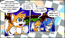 Size: 1236x720 | Tagged: safe, artist:ace-spark, miles "tails" prower, sonic the hedgehog, fox, hedgehog, green hill zone, sonic superstars, 2023, abstract background, dialogue, duo, english text, eyelashes, male, males only, outline, speech bubble, standing, yellow sclera