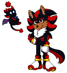 Size: 736x794 | Tagged: safe, artist:erasabledata, shadow the hedgehog, chao, hedgehog, character chao, duo, eyelashes, genderless, looking at viewer, male, redesign, scar, shadow chao, simple background, smile, standing, transparent background