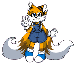 Size: 854x722 | Tagged: safe, artist:erasabledata, miles "tails" prower, fox, blue shoes, clothes, ear fluff, goggles, goggles on head, looking at viewer, overalls, redesign, simple background, smile, solo, standing, transparent background, v sign