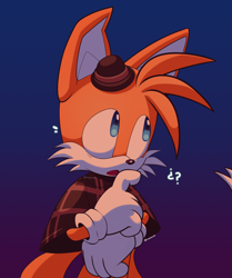 Size: 4080x4879 | Tagged: safe, artist:chaoslose, miles "tails" prower, fox, the murder of sonic the hedgehog, 2023, gradient background, looking offscreen, male, question mark, redraw, solo, standing