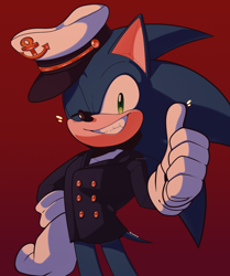Size: 4080x4879 | Tagged: safe, artist:chaoslose, sonic the hedgehog, hedgehog, the murder of sonic the hedgehog, 2023, hand on hip, looking at viewer, male, red background, redraw, signature, simple background, smile, solo, standing, thumbs up, wink