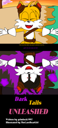 Size: 1616x3560 | Tagged: safe, artist:thecarebeargirl, miles "tails" prower, fox, comic:dark tails unleashed, fanfic:dark tails unleashed, 2017, abstract background, comic, comic cover, dark form, dark tails, english text, fanfiction art, flat colors, male, solo, sonic boom (tv), two sides