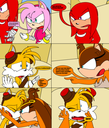 Size: 2400x2816 | Tagged: safe, artist:thecarebeargirl, amy rose, knuckles the echidna, miles "tails" prower, sticks the badger, badger, echidna, fox, hedgehog, comic:dark tails unleashed, fanfic:dark tails unleashed, 2017, abstract background, angry, annoyed, comic, fanfiction art, female, flat colors, group, indoors, male, one eye closed, sitting, sonic boom (tv), sweatdrop