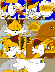 Size: 2400x3160 | Tagged: safe, artist:thecarebeargirl, miles "tails" prower, sonic the hedgehog, sticks the badger, badger, fox, hedgehog, comic:dark tails unleashed, fanfic:dark tails unleashed, 2017, abstract background, comic, crying, dialogue, duo focus, english text, fanfiction art, female, flat colors, indoors, male, offscreen character, sonic boom (tv), speech bubble, tears, tears of sadness, trio