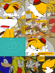 Size: 2400x3160 | Tagged: safe, artist:thecarebeargirl, amy rose, knuckles the echidna, miles "tails" prower, sonic the hedgehog, sticks the badger, zooey the fox, badger, echidna, fox, hedgehog, comic:dark tails unleashed, fanfic:dark tails unleashed, 2017, abstract background, comic, crying, dialogue, english text, fanfiction art, female, flashback, flat colors, group, karaoke, male, microphone, outdoors, sad, sonic boom (tv), tears, tears of sadness, thinking, water
