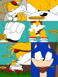 Size: 2400x3168 | Tagged: safe, artist:thecarebeargirl, miles "tails" prower, sonic the hedgehog, fox, hedgehog, comic:dark tails unleashed, fanfic:dark tails unleashed, 2017, abstract background, angry, clenched fist, comic, crying, dialogue, duo, english text, fanfiction art, flat colors, glowing eyes, male, outdoors, red eyes, reflection, sitting, sonic boom (tv), standing, tears, tears of anger, water