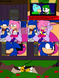 Size: 2400x3168 | Tagged: safe, artist:thecarebeargirl, miles "tails" prower, sonic the hedgehog, chipmunk, fox, hedgehog, comic:dark tails unleashed, fanfic:dark tails unleashed, 2017, abstract background, angry, bush, comic, dialogue, english text, fanfiction art, female, flat colors, generic mobian, indoors, male, outdoors, sitting, sonic boom (tv), standing, television, tree, trio, walking