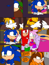 Size: 2400x3168 | Tagged: safe, artist:thecarebeargirl, amy rose, knuckles the echidna, miles "tails" prower, sonic the hedgehog, sticks the badger, badger, echidna, fox, hedgehog, comic:dark tails unleashed, fanfic:dark tails unleashed, 2017, abstract background, comic, dialogue, english text, fanfiction art, female, flat colors, group, male, sonic boom (tv), speech bubble, standing