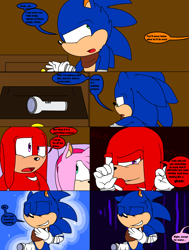 Size: 2400x3168 | Tagged: safe, artist:thecarebeargirl, amy rose, knuckles the echidna, sonic the hedgehog, sticks the badger, badger, echidna, hedgehog, comic:dark tails unleashed, fanfic:dark tails unleashed, 2017, abstract background, comic, dialogue, english text, fanfiction art, female, flashlight, flat colors, male, offscreen character, sonic boom (tv), sparkles, speech bubble, standing