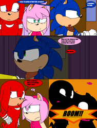 Size: 2400x3168 | Tagged: safe, artist:thecarebeargirl, amy rose, knuckles the echidna, sonic the hedgehog, comic:dark tails unleashed, fanfic:dark tails unleashed, 2017, abstract background, comic, dialogue, english text, explosion, flat colors, speech bubble, trio